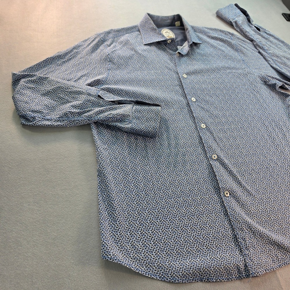 Ganesh Mens XL Blue White Micro Geometric Print Long Sleeve Button Down Shirt - Picture 2 of 6